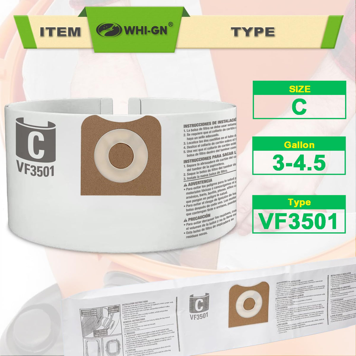 Two-layer polypropylene filtration captures fine drywall dust and dirt.