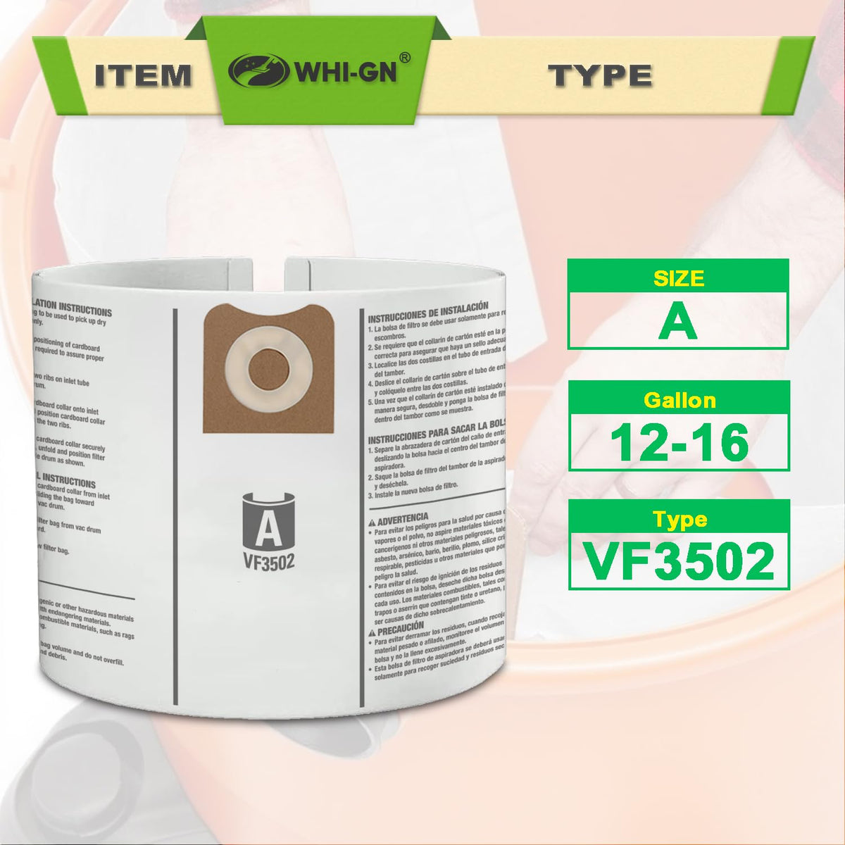 WHI-GN VF3502 two-layer bags provide durable filtration for drywall dust and sawdust.