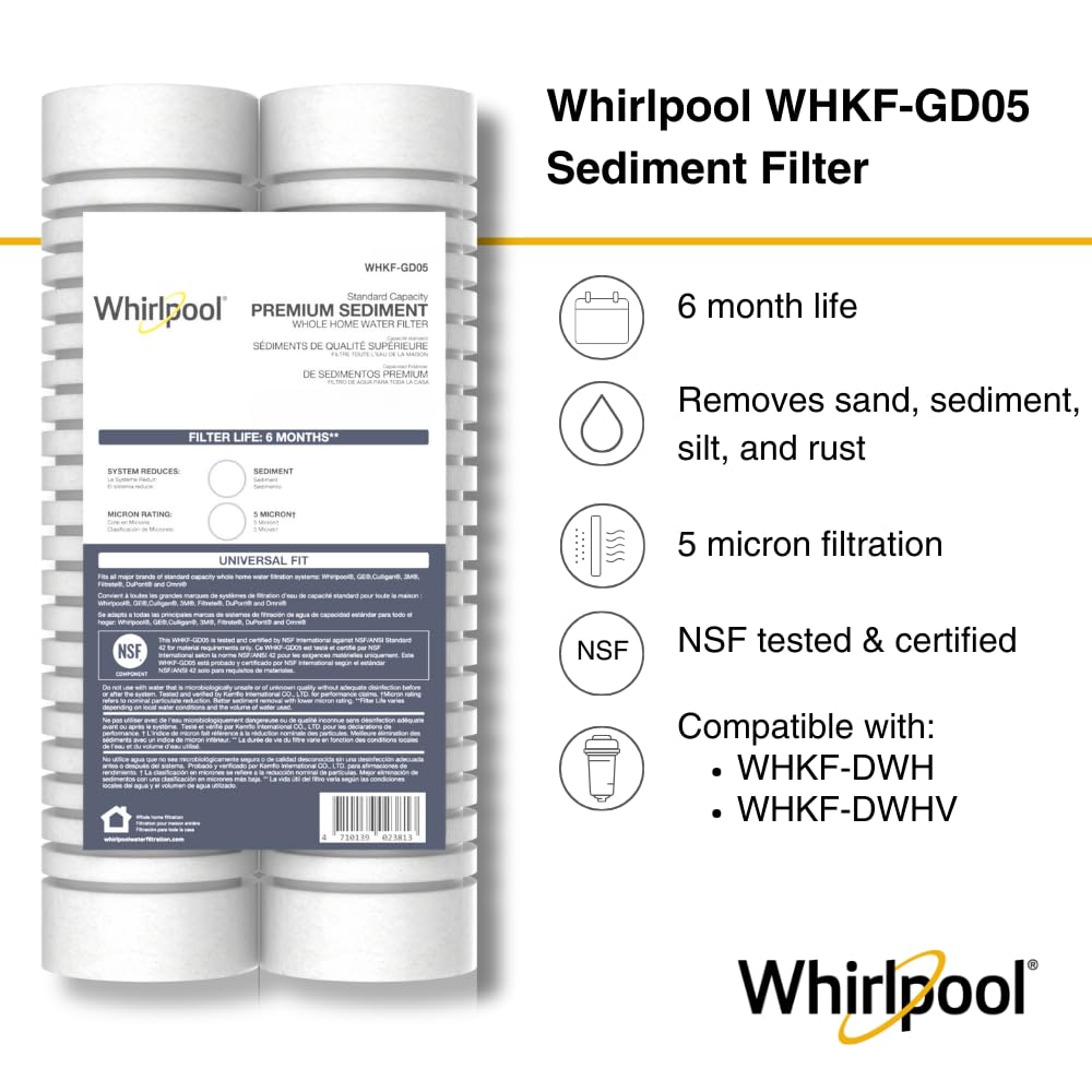 Whirlpool WHKF-GD05 close-up of filter media highlighting 5 micron filtration for clearer water.