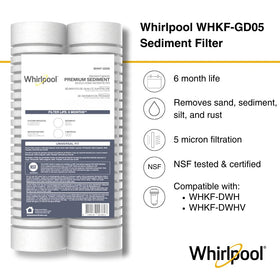 Whirlpool WHKF-GD05 close-up of filter media highlighting 5 micron filtration for clearer water.