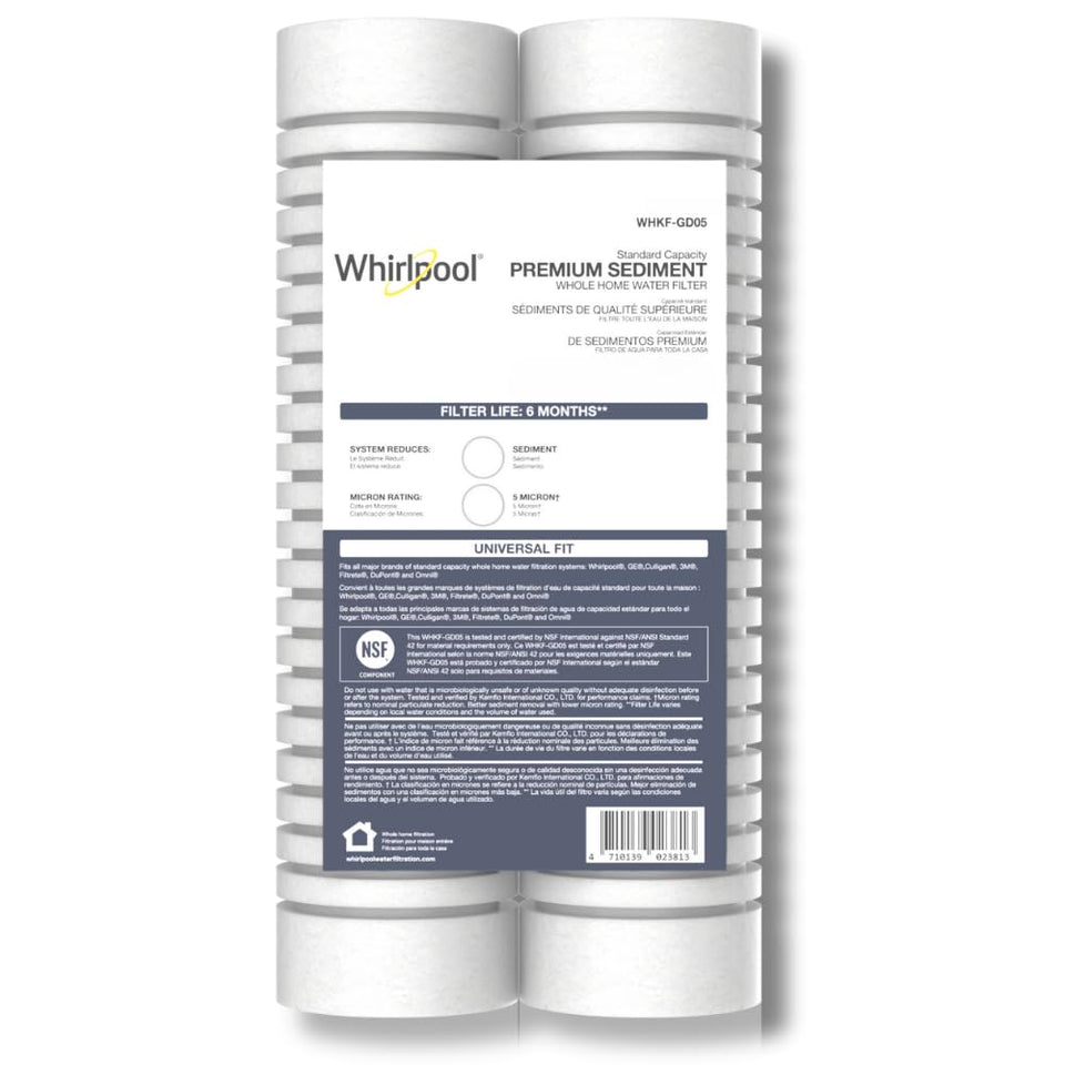 Whirlpool WHKF-GD05 packaging image showing ready-to-install sediment filters for whole-home filtration.