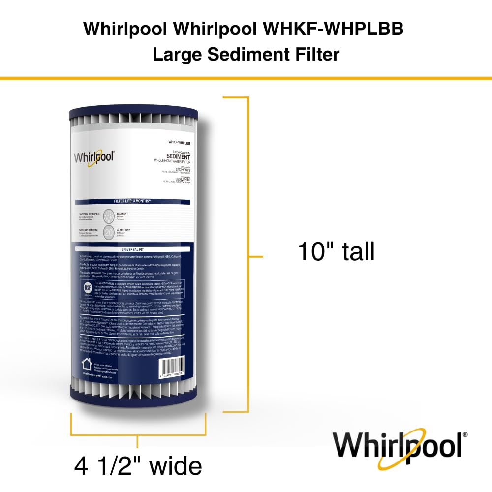 Whirlpool WHKF-WHPLBB filter 20-micron media captures sediment for clearer water.