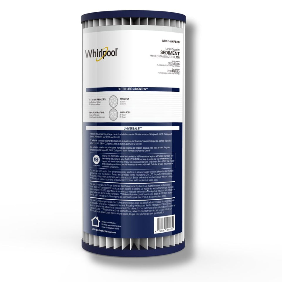 Whirlpool WHKF-WHPLBB filter close-up highlighting 20-micron media for cleaner water.