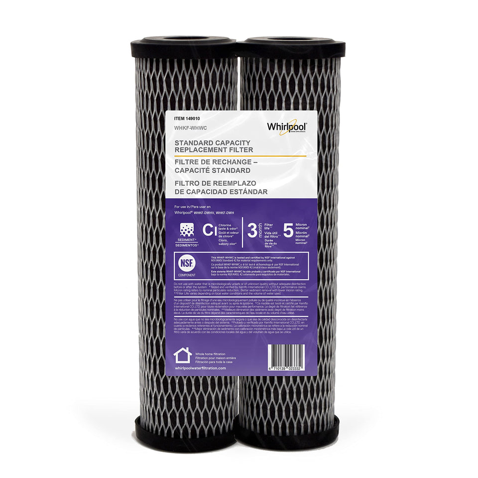 Whirlpool WHKF-WHWC 5-micron filter reduces chlorine taste and odor for cleaner water.