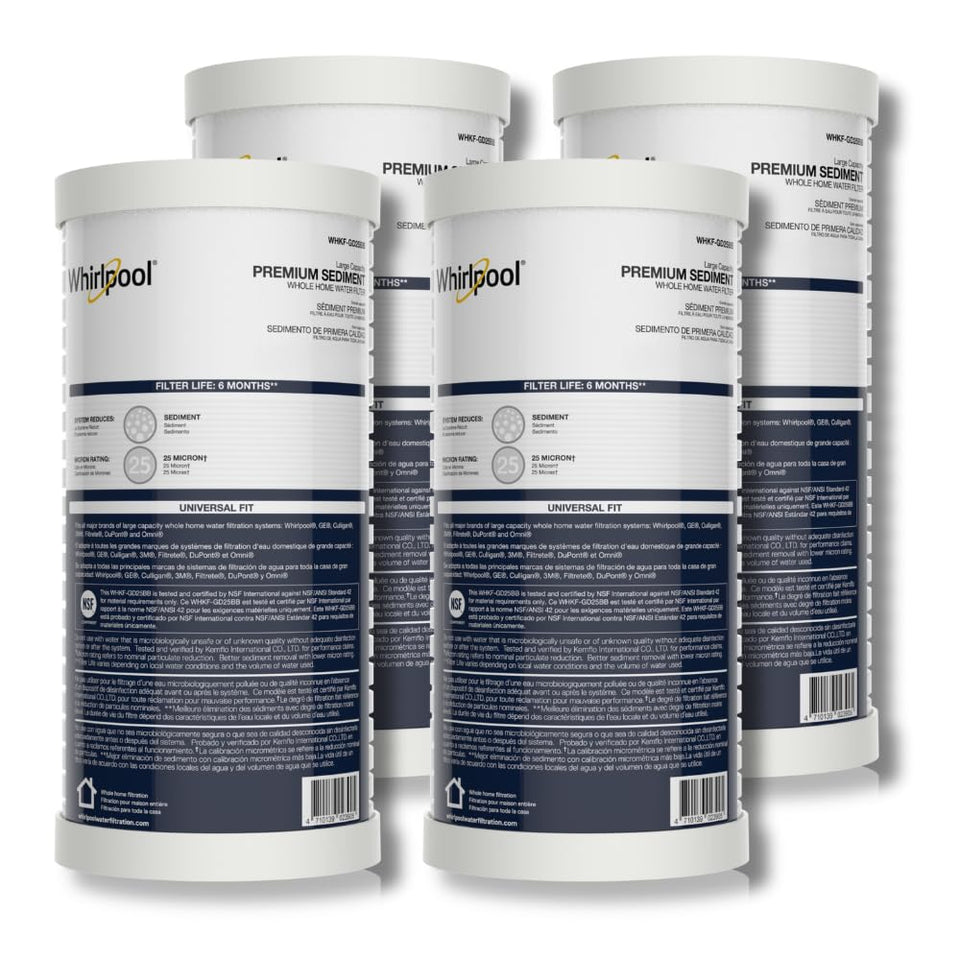 Whirlpool whole-house sediment filter package improves water clarity with 25 micron media.