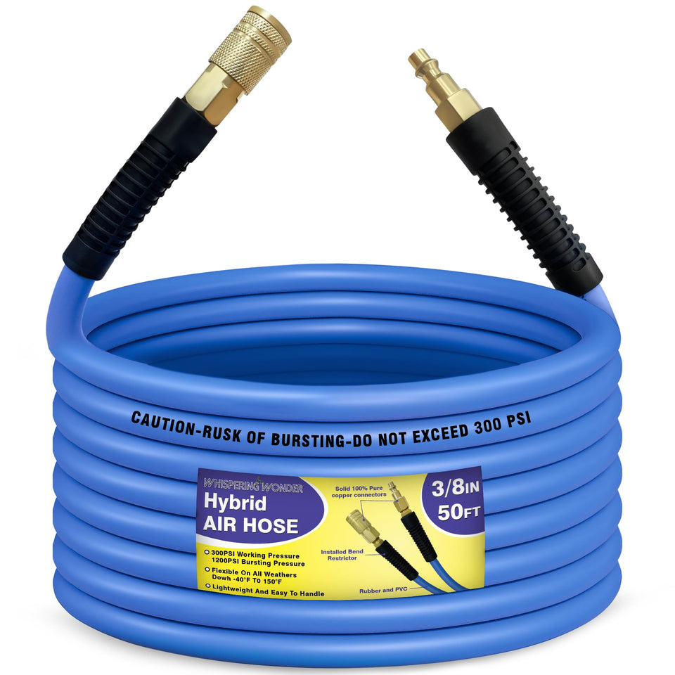 Whispering Wonder blue hybrid air hose 50 ft, flexible and durable.