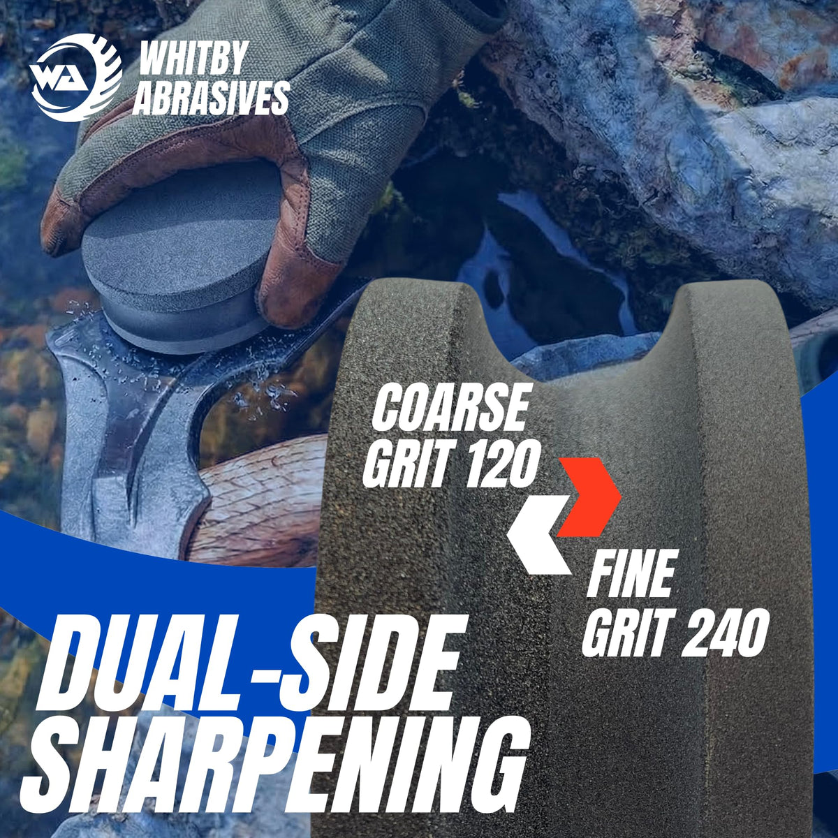 Whitby Abrasives round sharpening puck showing recessed finger groove for better grip
