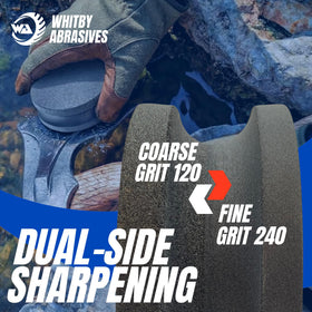 Whitby Abrasives round sharpening puck showing recessed finger groove for better grip