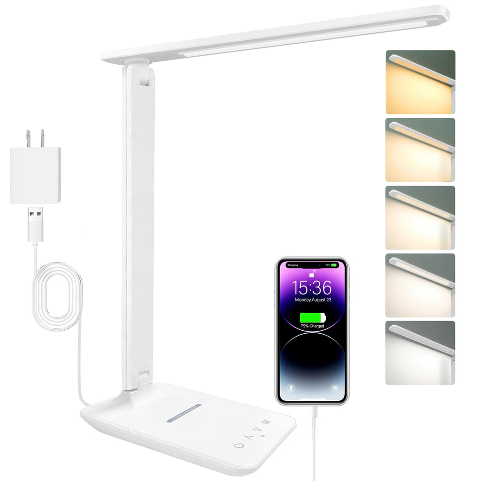 White Crown LED desk lamp with 15W wireless charging for convenient charging.