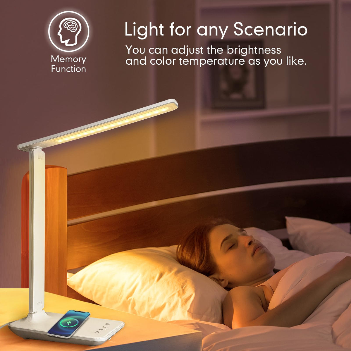 White Crown desk lamp with five brightness levels for precise task lighting.