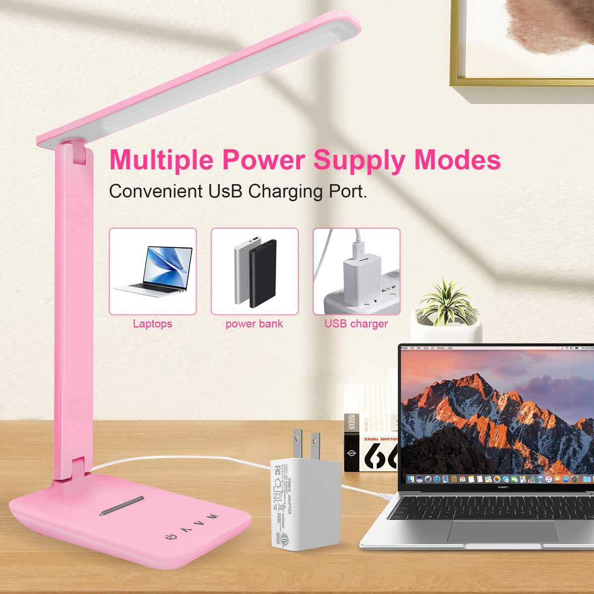 White crown LED desk lamp displaying its 5 lighting modes for different tasks