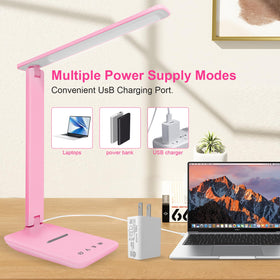 White crown LED desk lamp displaying its 5 lighting modes for different tasks