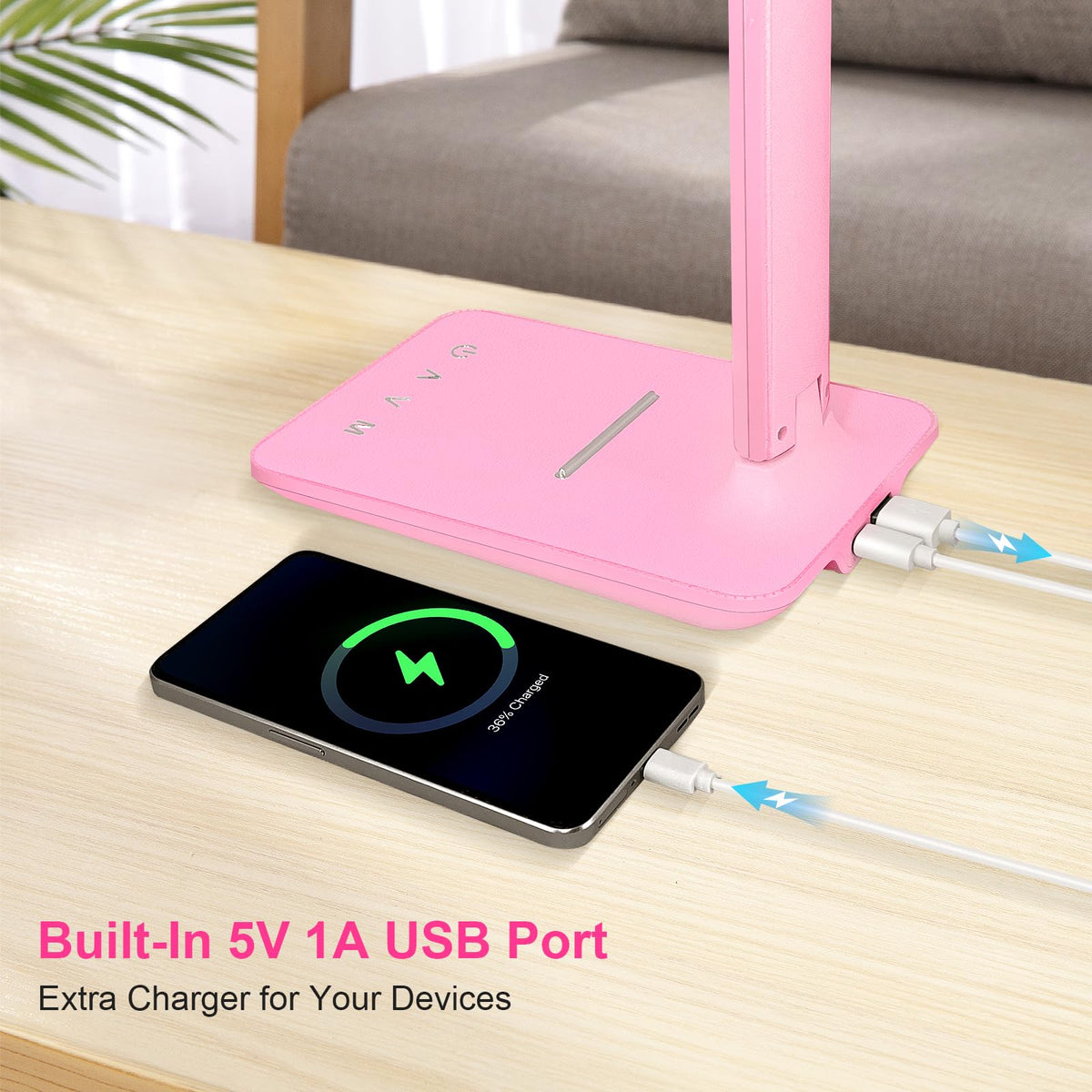 White crown LED desk lamp with USB charging port for convenient device charging