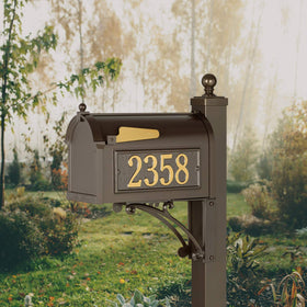 Whitehall Deluxe Mailbox side plaques preview demonstrates customizable address display.