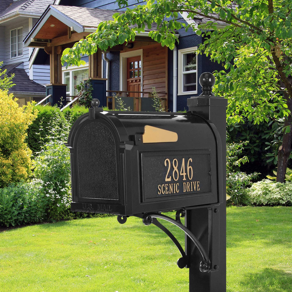 Whitehall Deluxe Mailbox Package Black detail plate highlights personalization option