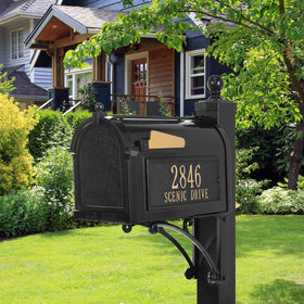 Whitehall Deluxe Mailbox Package Black detail plate highlights personalization option