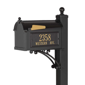 Whitehall Deluxe Mailbox Package Black front view shows durable rust-free aluminum and curb appeal