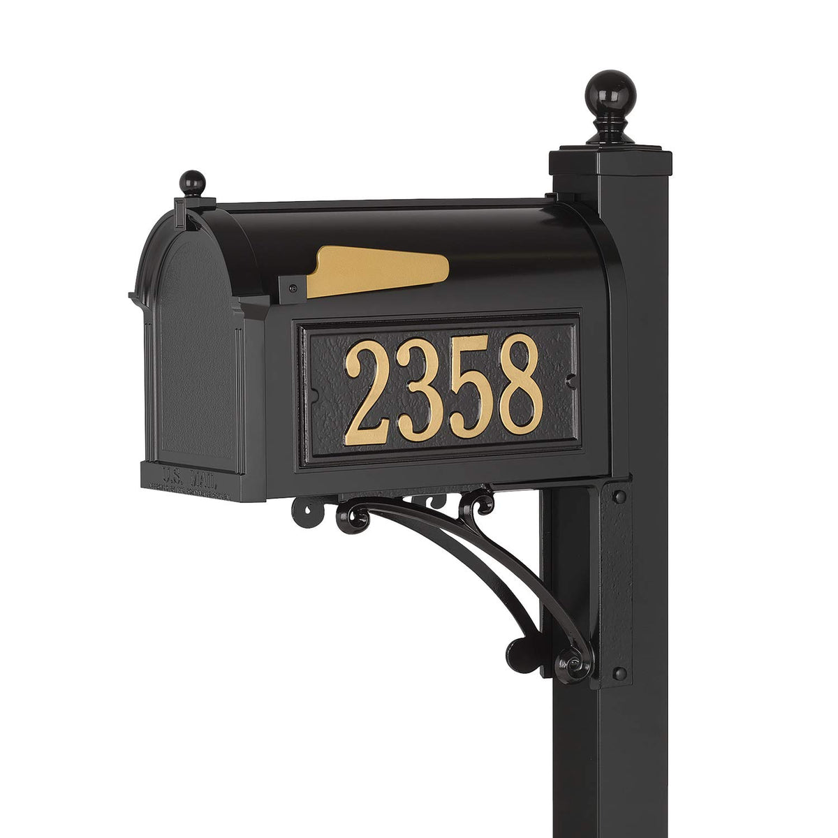 Whitehall Deluxe Mailbox Package Black side view with matching post and plaques