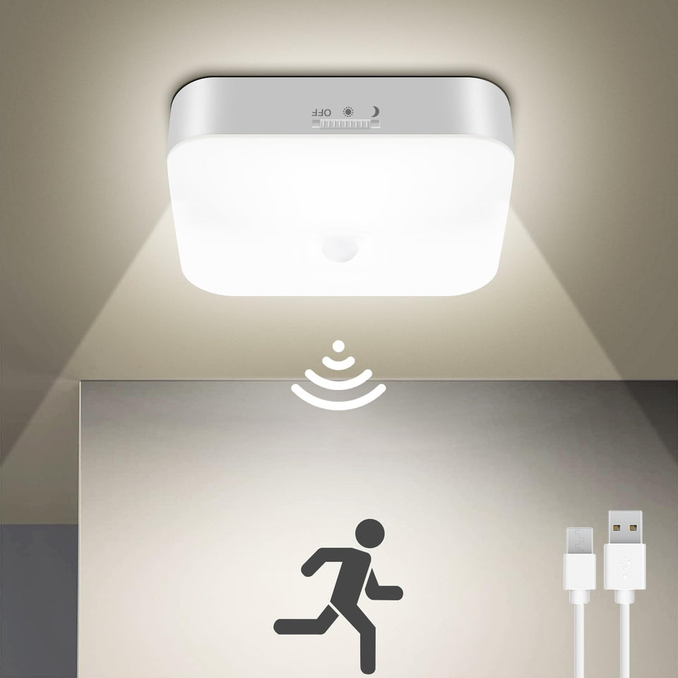 WhitePoplar rechargeable motion-sensor ceiling light provides hands-free illumination for closets, hallways, and showers.