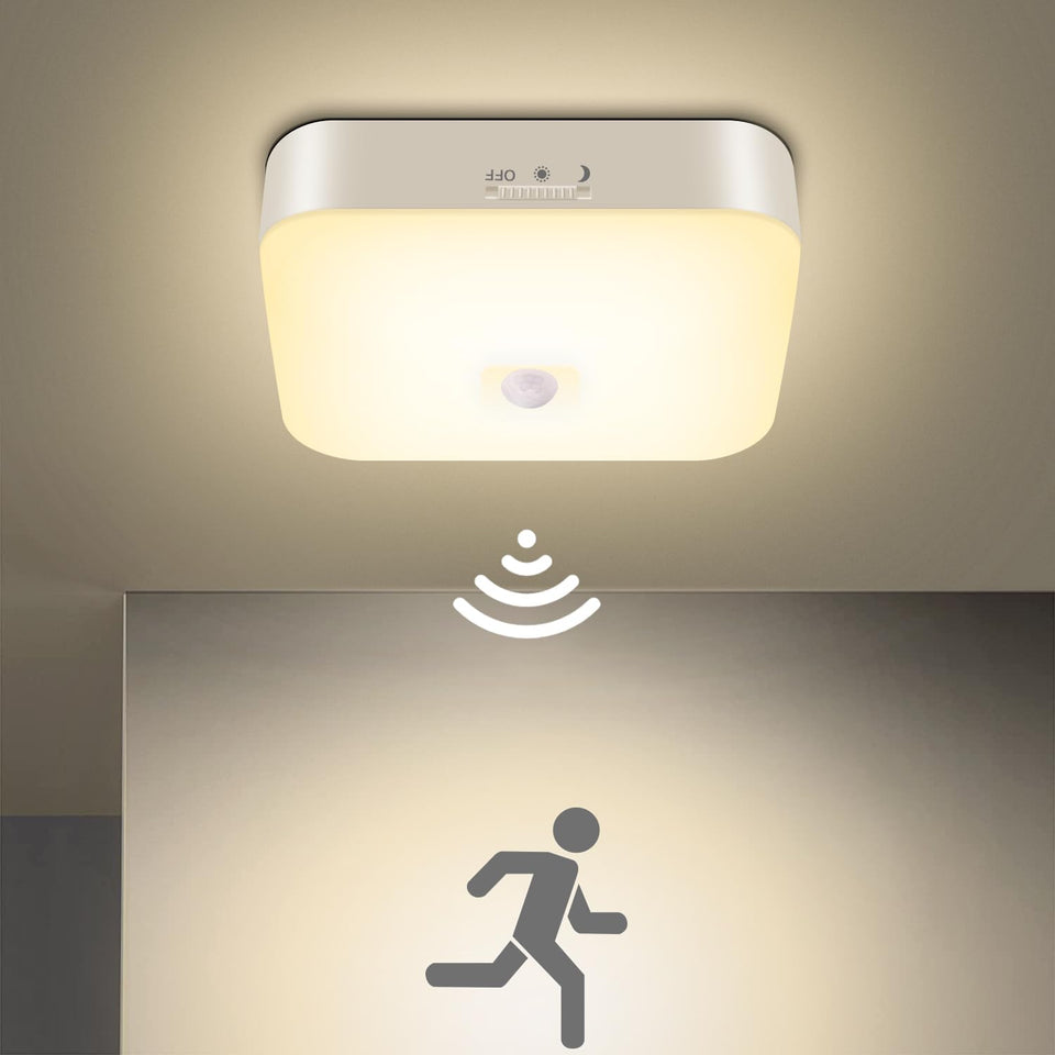 WhitePoplar wireless motion light illuminating a closet with a warm 3000K glow.