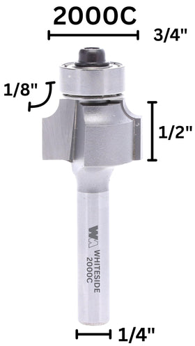 Whiteside 2000C roundover bit with 3/4 inch diameter defines a bold edge profile.