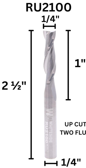 Whiteside RU2100 spiral upcut on wood edge sample demonstrates precise edge