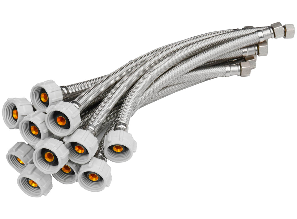 WHK 12-inch braided stainless steel toilet hose for durable bathroom connections.