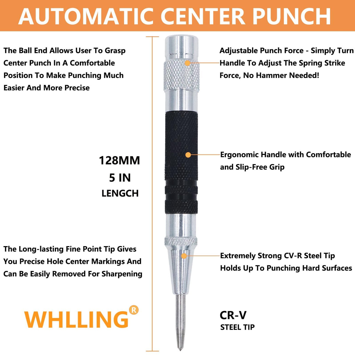 WHLLING center punch in one-handed use for quick hole-centering.