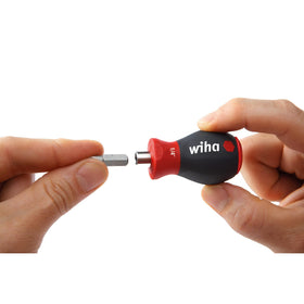 Wiha 28103 softfinish stubby grip supports comfortable, precise bit changes in tight spaces.