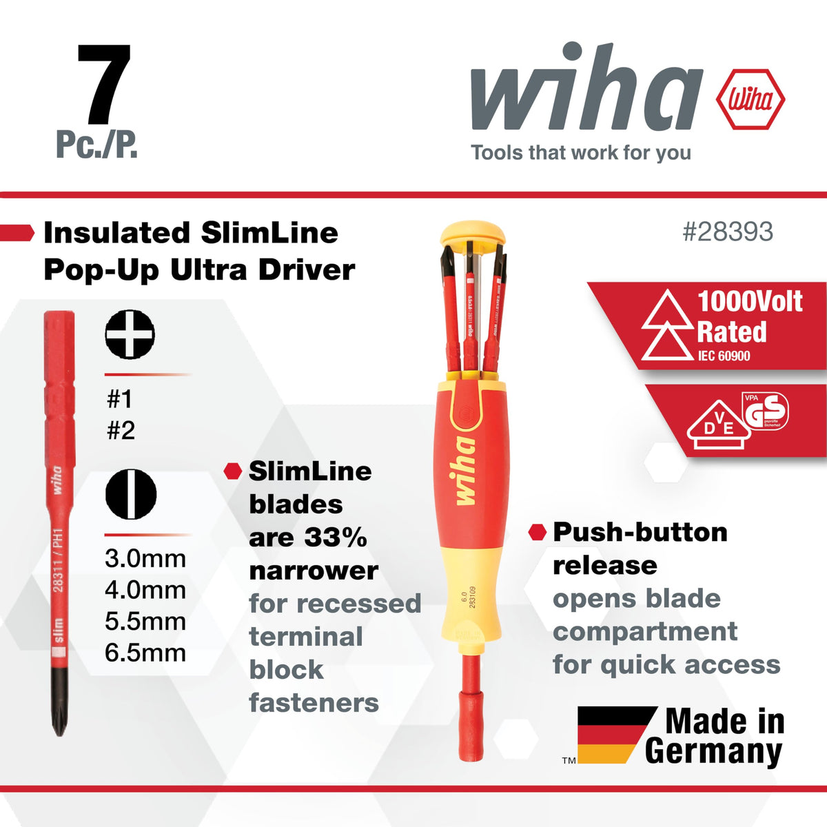 Wiha 28393 Slotted 3.0 SlimLine blade for tight spaces and control.