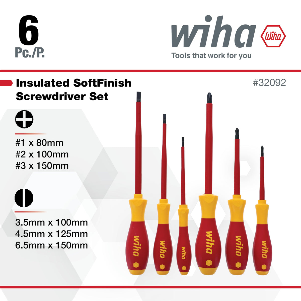 Wiha 32092 slotted drivers in sizes 3.5, 4.5, 6.5 mm