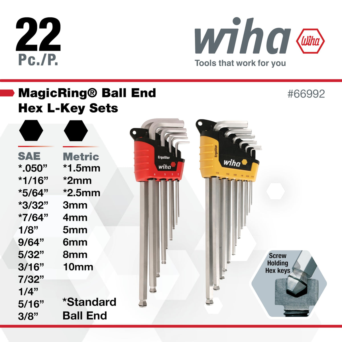 Inch ball-end sizes and ring options for Wiha 66992 set