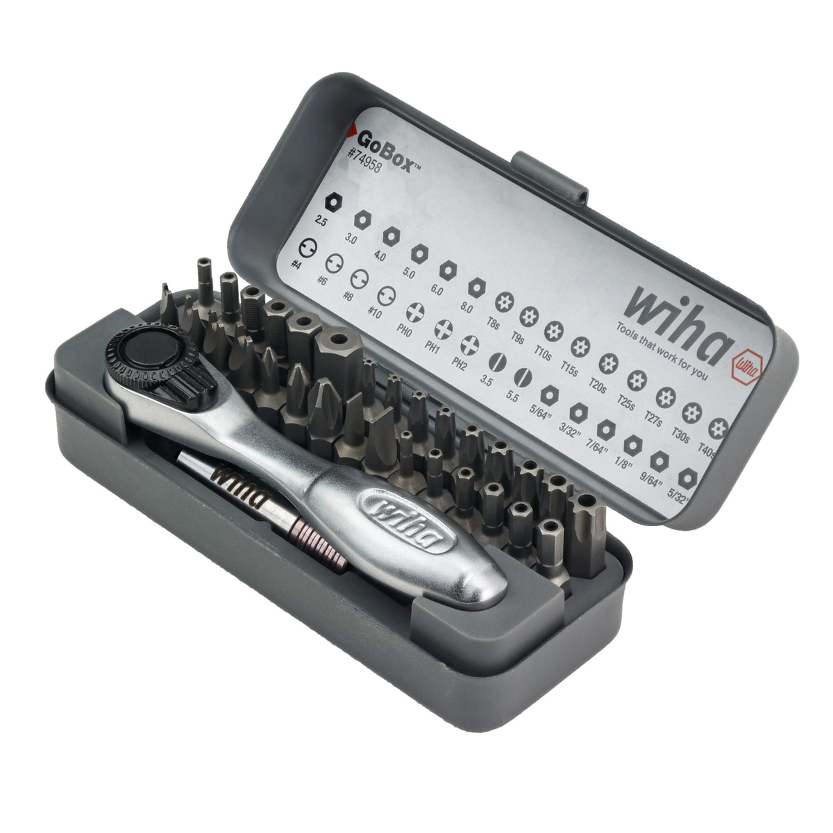 Wiha 74958 mini ratchet enables quick bit changes during projects.