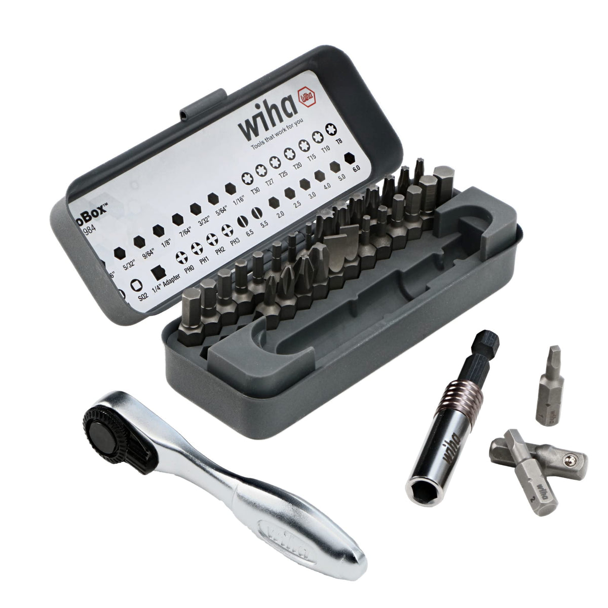 Wiha bit-tip storage slots secure heads during transport.