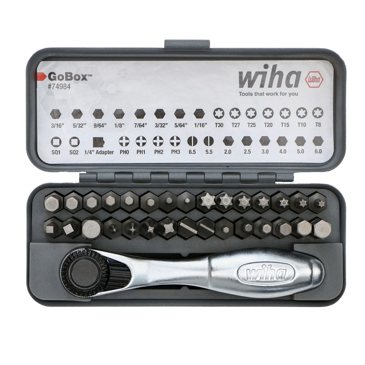 Wiha 74984 GoBox opened showing bit set for quick access.