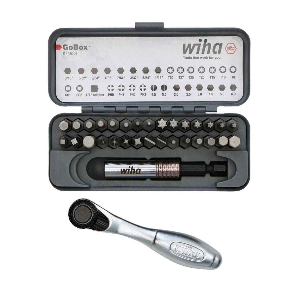 Wiha 32-piece bit tips array for versatile fastener compatibility.