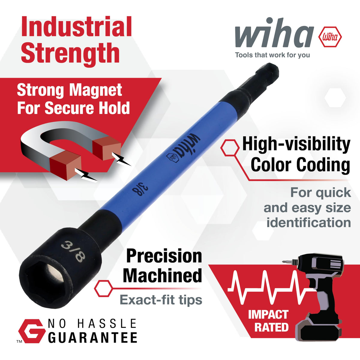Wiha color-coded magnetic nut setter 5/16-inch for fast, one-handed operation