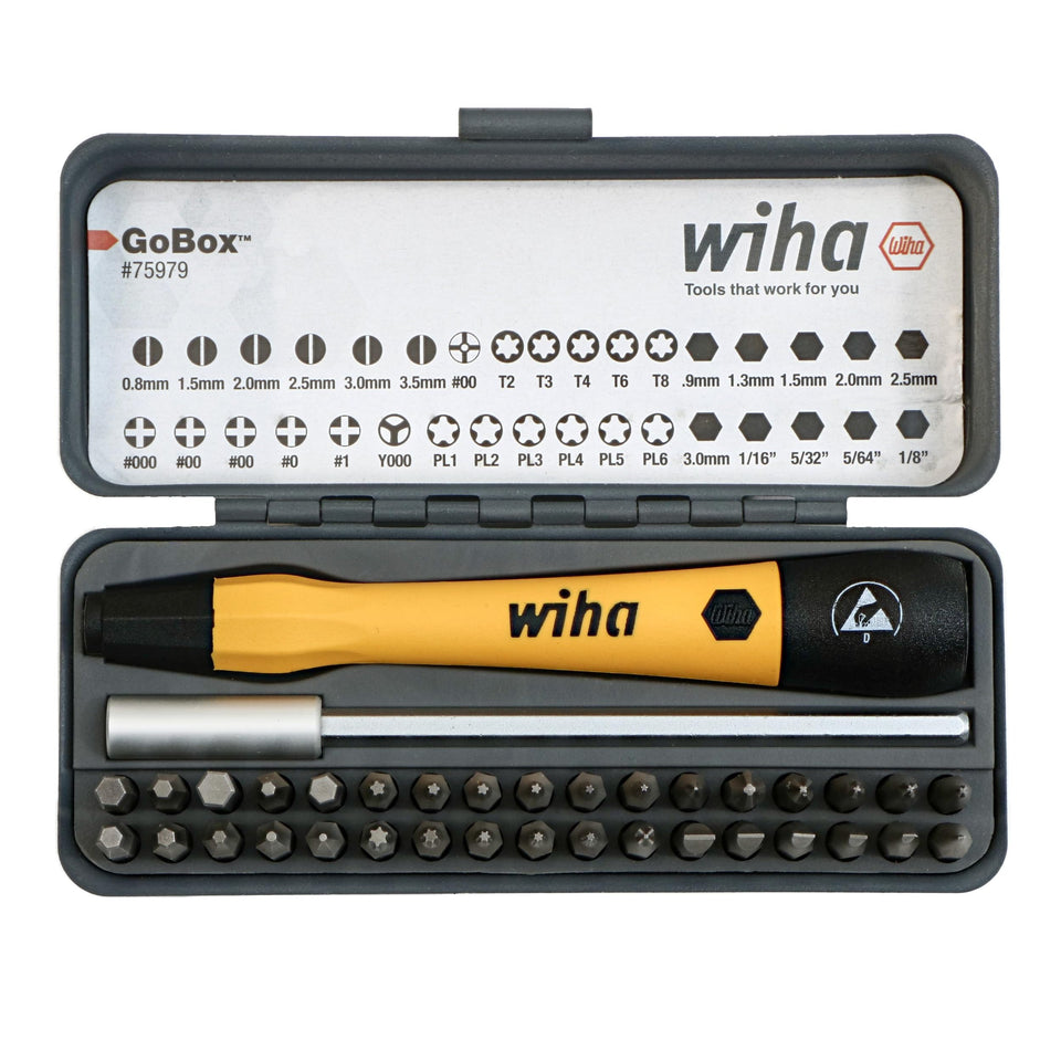 Wiha GoBox electronics ESD micro bits enable precise fastener work.
