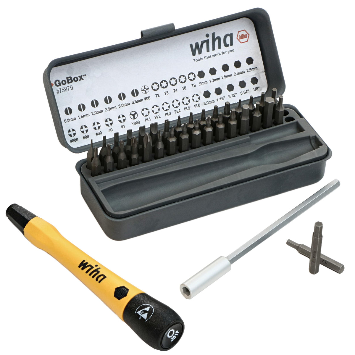 Wiha precision-matched tips reduce cam-out for reliable screw driving.