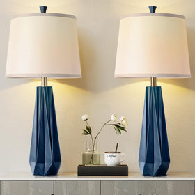 WIHTU navy blue table lamp set with linen shade for cozy living room lighting.