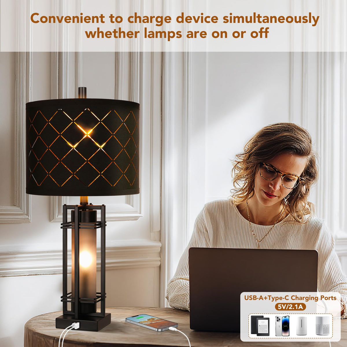 WIHTU nightstand lamp features checkered shade for soft diffusion.