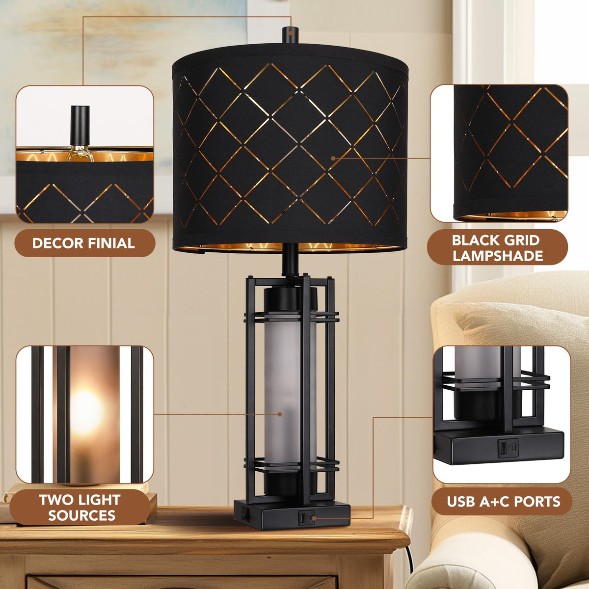 WIHTU lamp shade black exterior with gold interior delivers warm, elegant ambiance.
