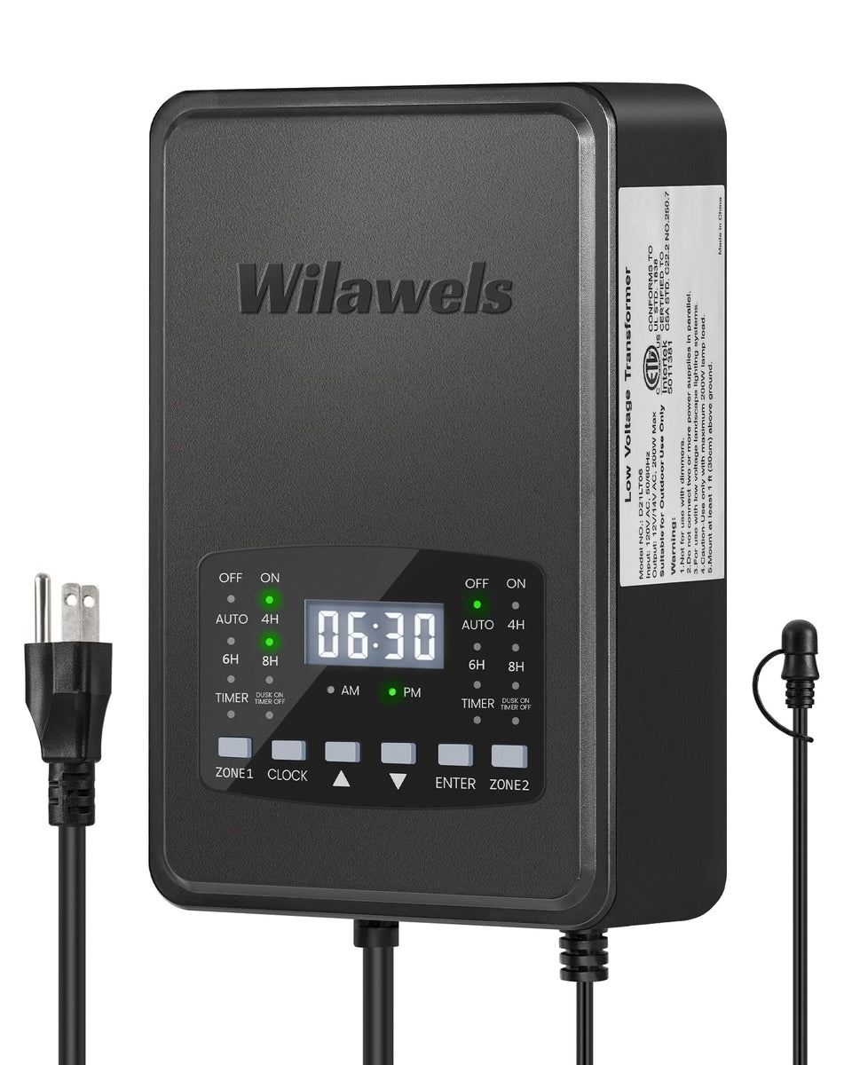 WILAWELS 200W transformer front view with weatherproof housing for outdoor lighting