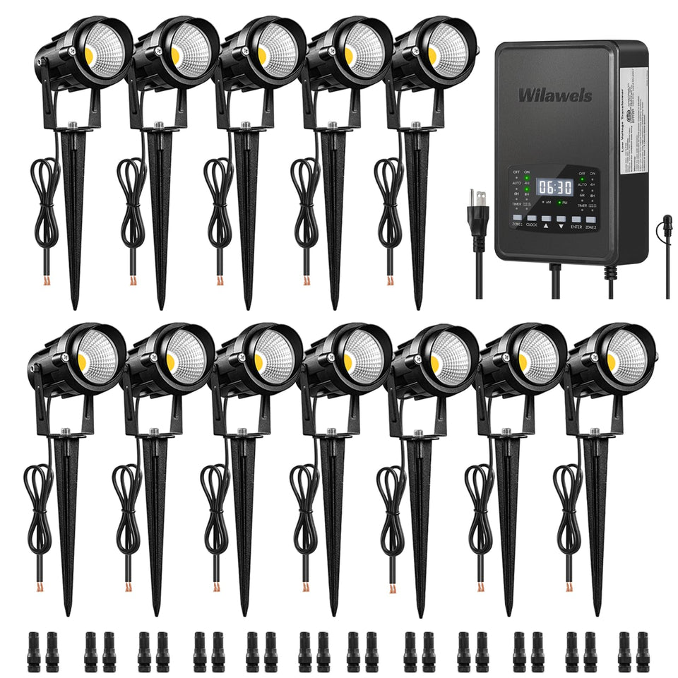 WILAWELS 12-pack landscape lights kit for yard enhancement with even outdoor illumination.