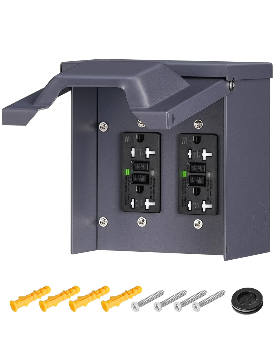 WILAWELS outdoor outlet box with dual 20A GFCI receptacles for safe outdoor power access