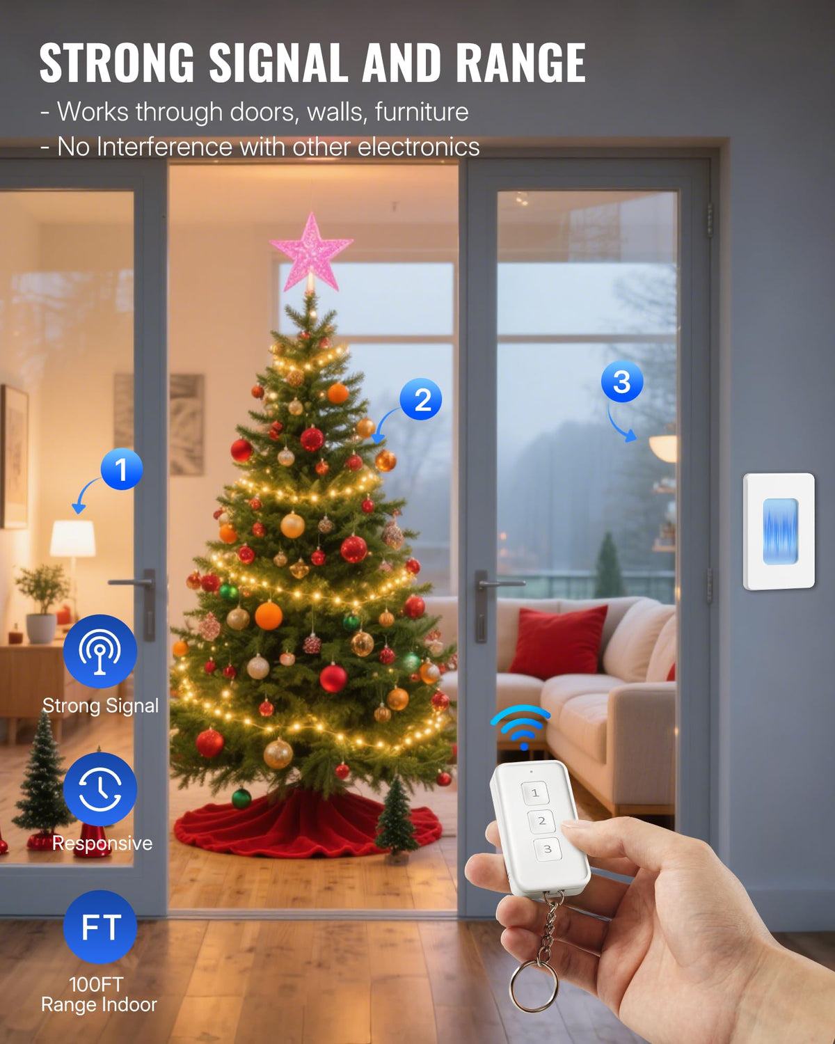 WILAWELS three-plug setup controls multiple devices with one remote.