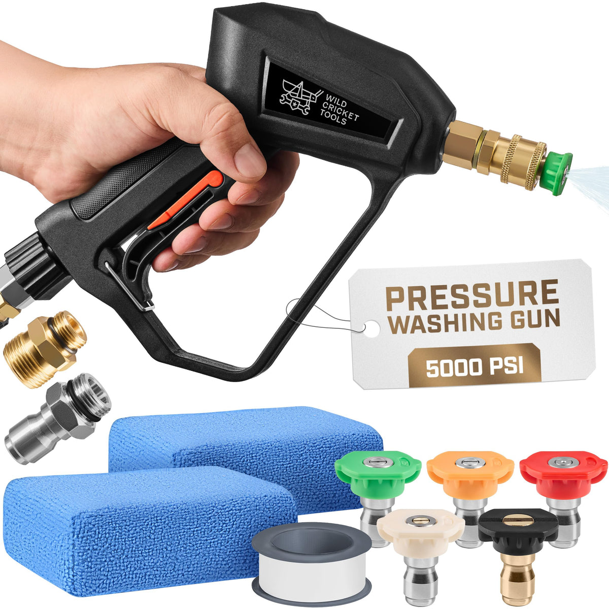 Wild Cricket Tools 3/8-inch quick-connect adapters enable easy hose setup.
