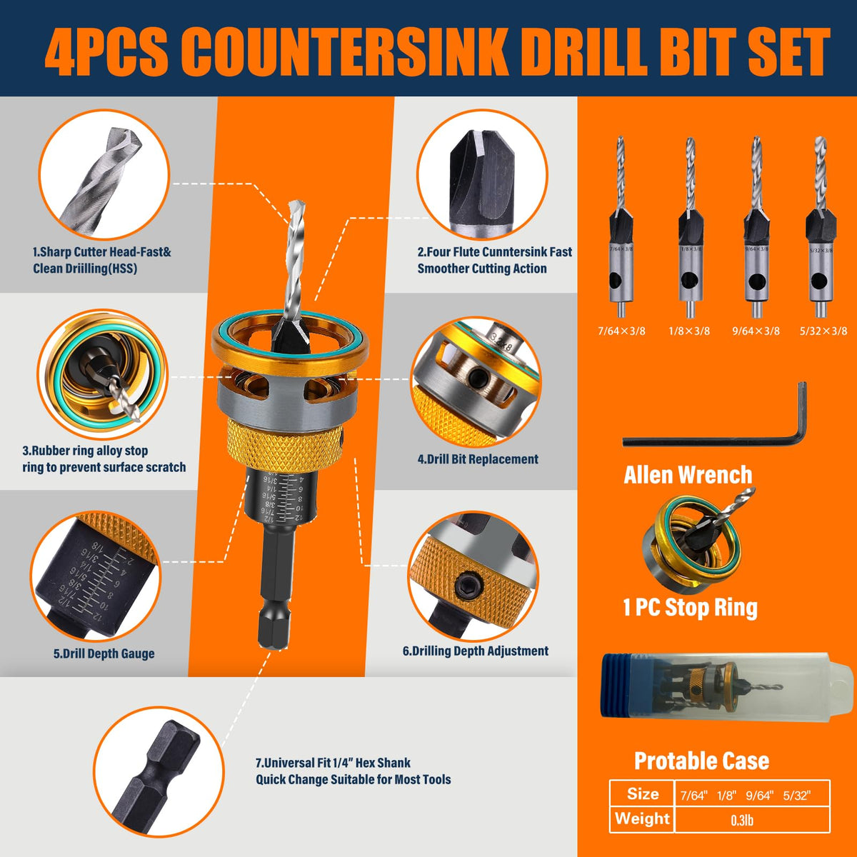 WildBossy pilot bit 7-64x3-8 for precise pilot drilling in wood.