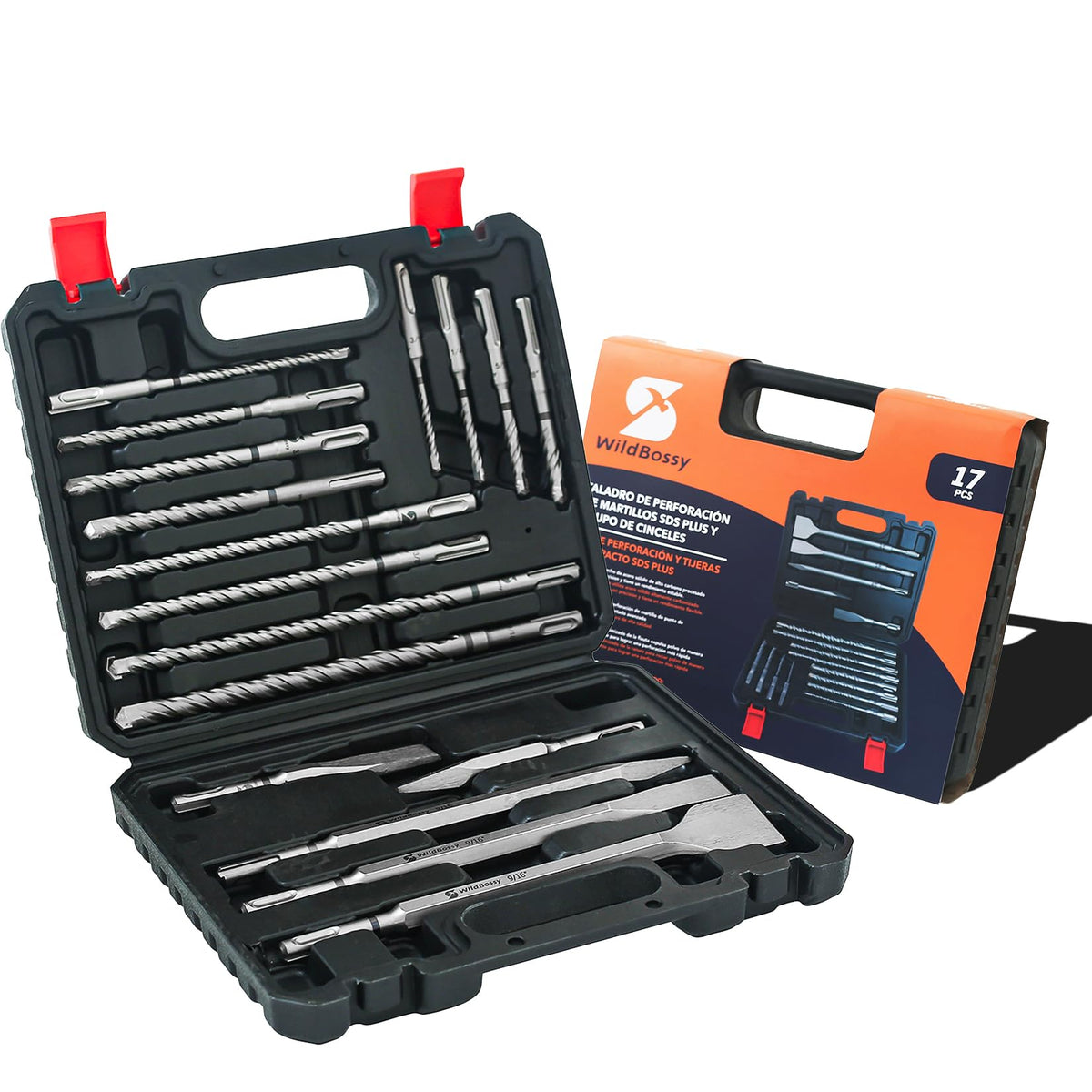 WildBossy SDS-Plus drill bits in case for organized concrete work.