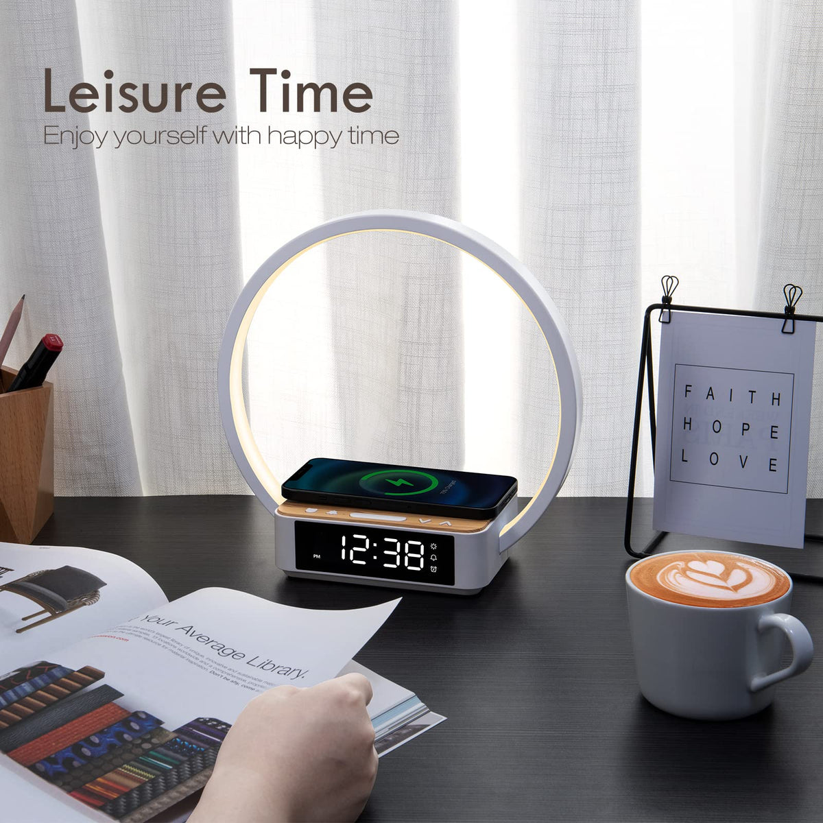 WILIT compact desk essential providing light, clock, and charge
